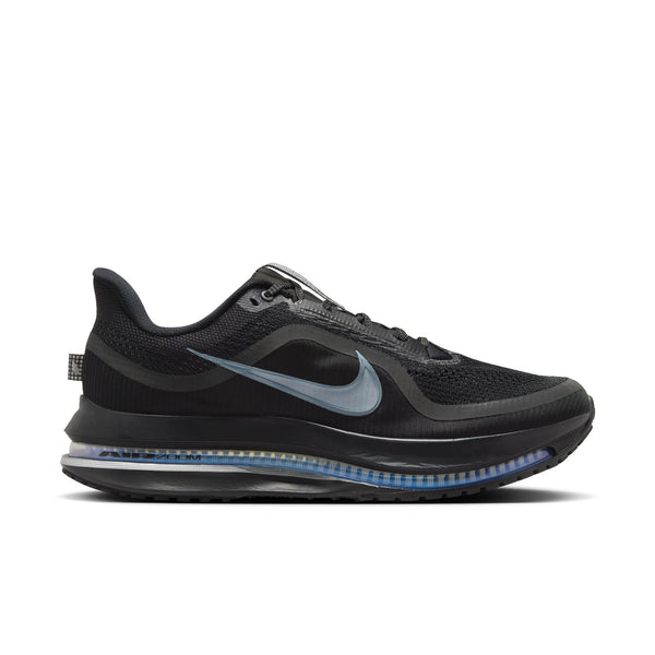 Black men's Nike running shoe with a blue swoosh logo on a white background