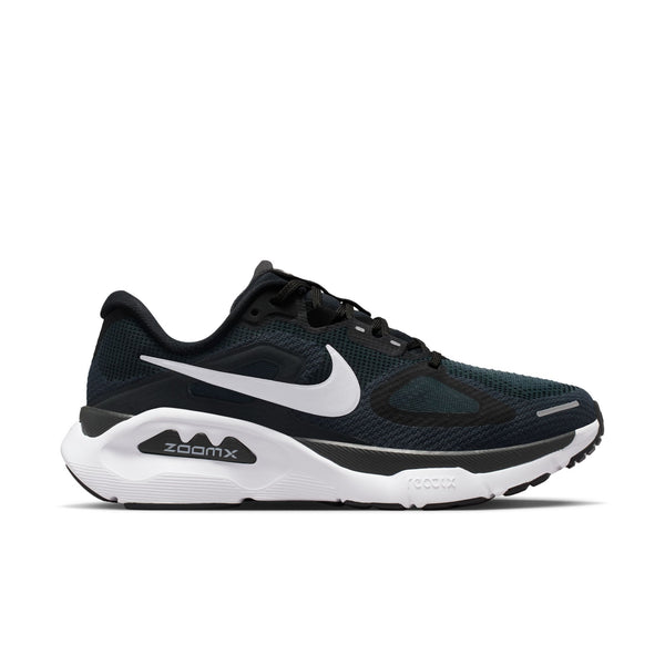 Black and white running shoe with Nike logo on a white background