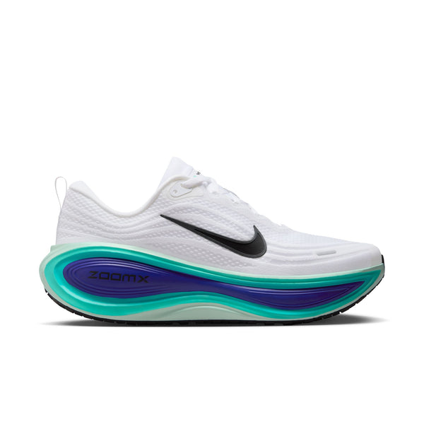 White Nike running shoe with blue and green midsole on a white background.