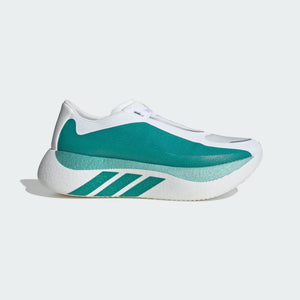 White and green sneaker with Adidas logo on a light gray background