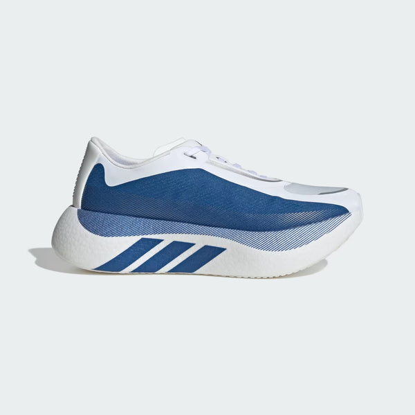 White and blue athletic shoe on a light gray background