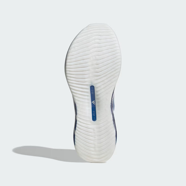 White sneaker sole with a blue brand logo on a light gray background