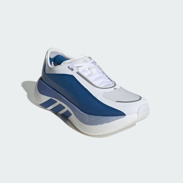 White and blue athletic shoe on a light gray background