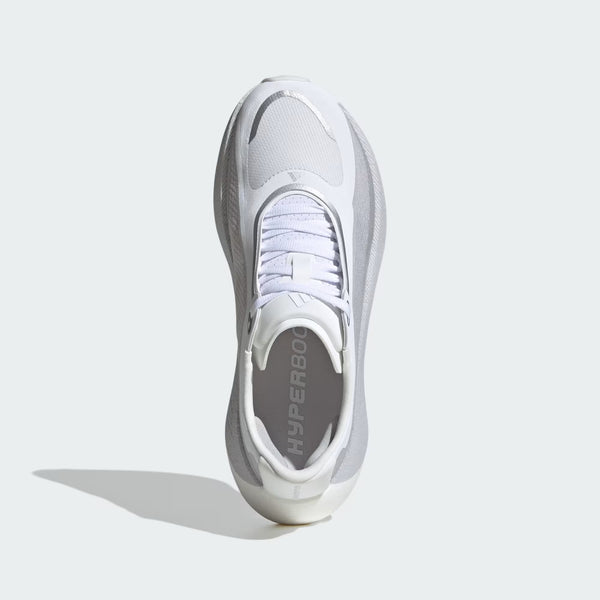 A white Adidas Hyperboost sneaker shown from a top-down angle on a light gray background with a soft shadow.