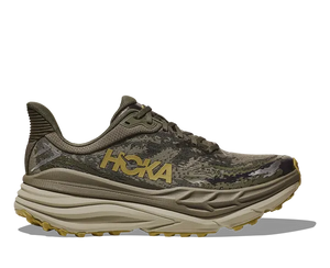 Camouflage running shoe with 'Hoka' branding on a white background