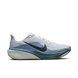 White running shoe with blue accents and black Nike logo on a white background