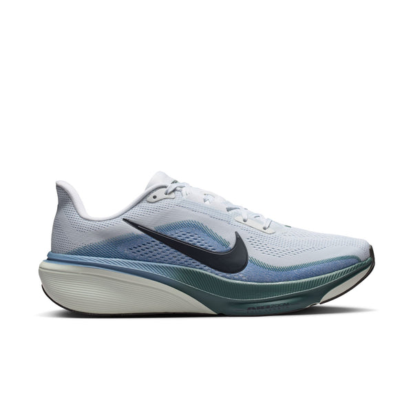 White running shoe with blue accents and black Nike logo on a white background