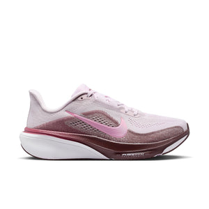 Pink and white running shoe with a visible brand logo on a white background