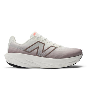White running shoe with a brown logo on a white background.