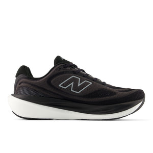 Black mens running shoe with a white midsole and a unique sole design on a white background.