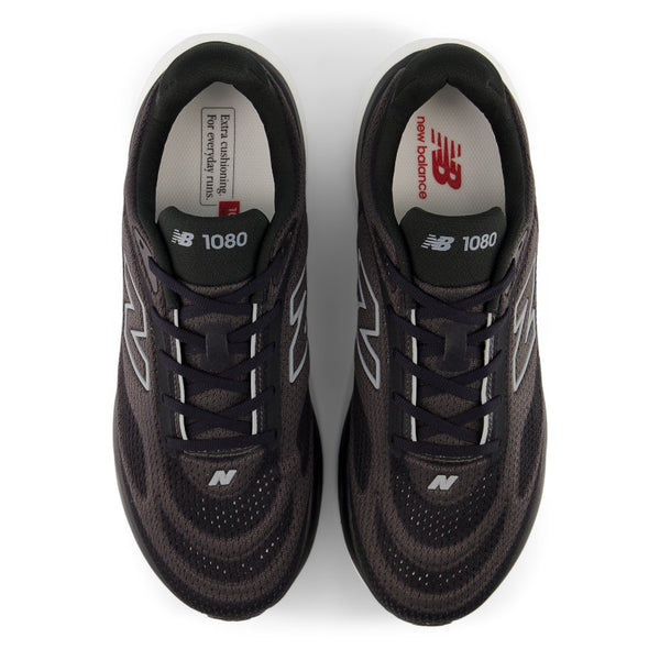 Pair of black New Balance 1080 sneakers on a white background.