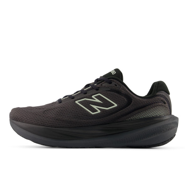 Black running shoe with a black midsole with a New Balance logo on a white background.