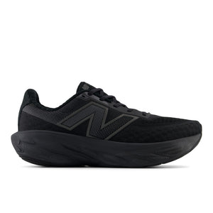 This image features the Men's 1080 V14 sneaker by New Balance, showcasing a sleek, all-black design. The upper part of the shoe combines smooth suede and mesh materials, providing both style and breathability.