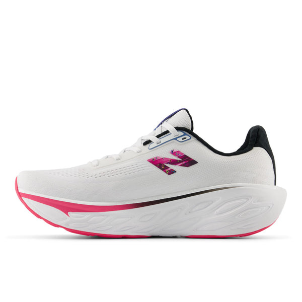 The medial side of tis 1080 running shoe is almost all white with a small pink N logo for New Balance