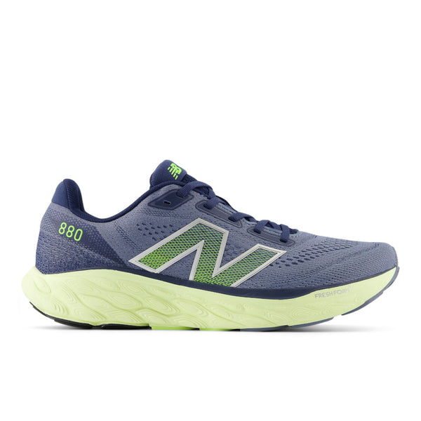 This NB running shoes has a mostly denim color to the upper with a neon green midsole and pops throught the shoe