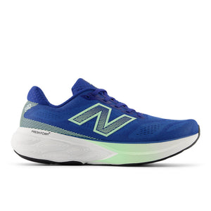 Blue running shoe with green accents on a white background.