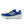 The medial side of a blue running shoe with green accents on a white background.