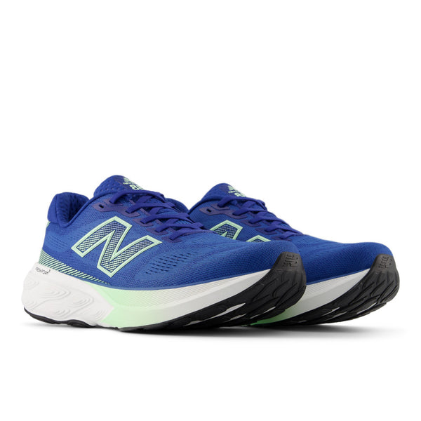 Blue running shoes with a prominent brand logo on a white background.
