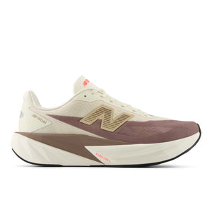 White and brown sneaker with New Balance logo on a white background.