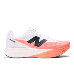 White running shoe with orange sole on a white background.