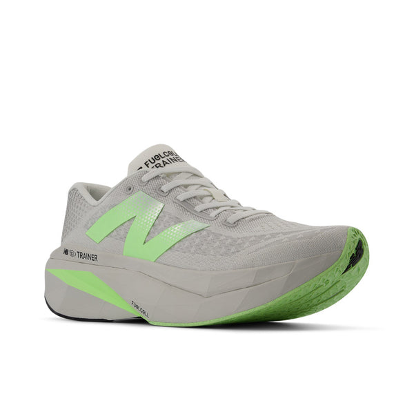 A diagonal look at the men's Supercomp 3 showing the bright green outsole that matches the logo on teh upper.