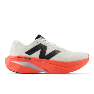 White and orange running shoe with black logo on a white background.