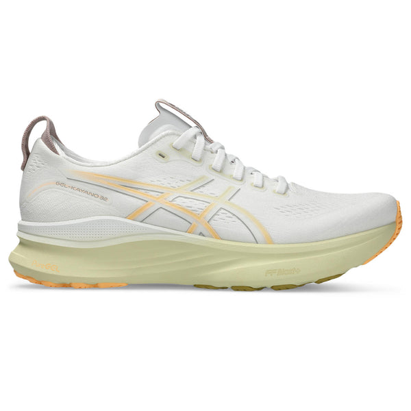 Men's ASICS Kayano 32 white and orange running shoe with a light sole and white laces.