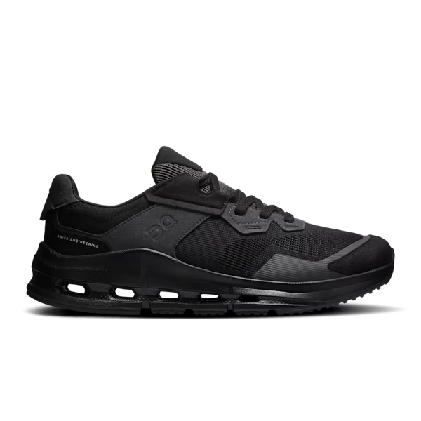The medial side of an all black lifestyle shoe from On.