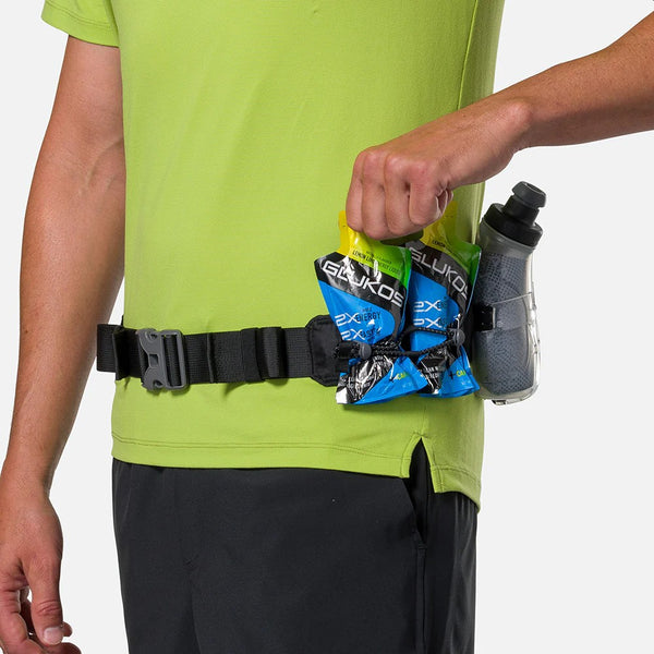 Person wearing a black belt with water bottles and snacks on a white background
