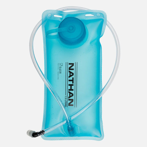 Blue hydration bladder with clear tube on a white background