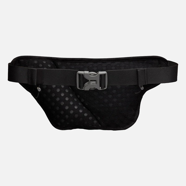 Black waist bag with a pattern on a light gray background