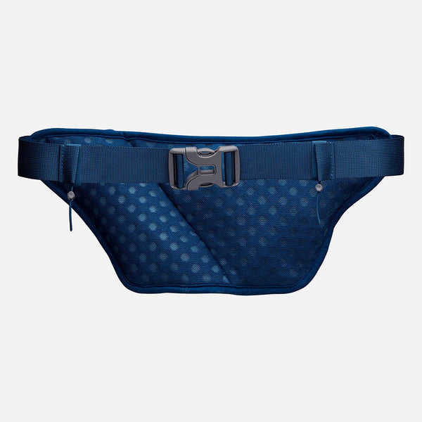Blue patterned fanny pack with a silver buckle on a light gray background