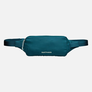 Teal waist bag with 'Nathan' branding on a light gray background
