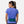 Person wearing a blue shirt with a green waist bag on a white background