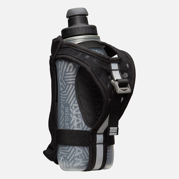 Black and gray hydration bladder with a bottle on a white background