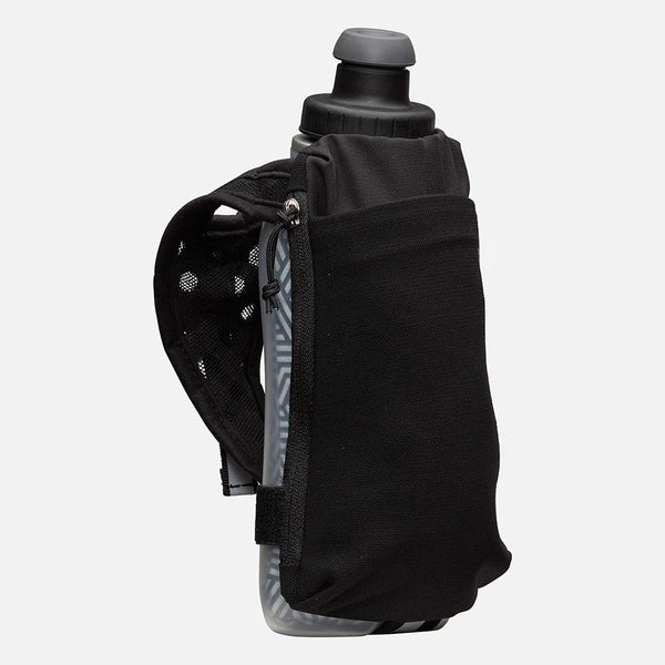 Black waist bag with water bottle holder on a light gray background
