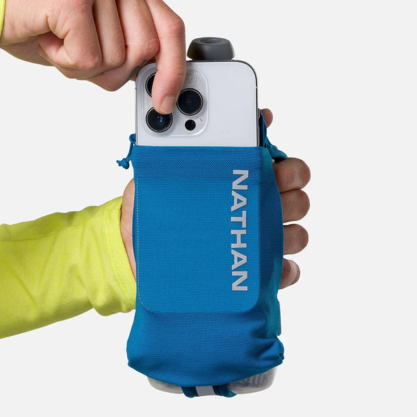 Blue phone pouch with 'Nathan' branding holding a smartphone against a white background
