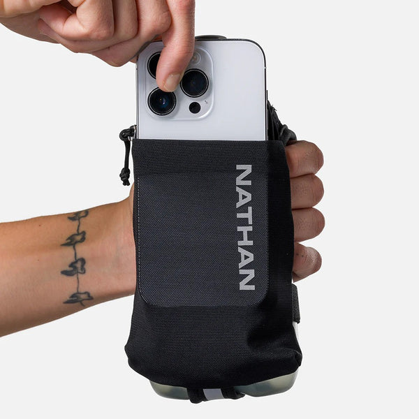 Phone case with 'Nathan' branding held by a person's hand on a white background