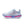 White running shoe with pink and purple sole on a white background.