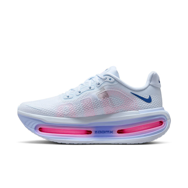White running shoe with pink and purple sole on a white background.