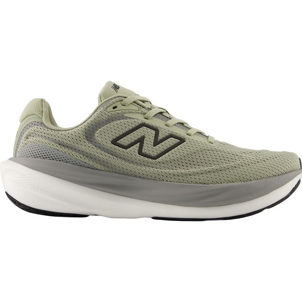 Green running shoe with white sole on a white background