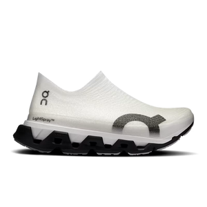 White athletic shoe with black sole on a white background
