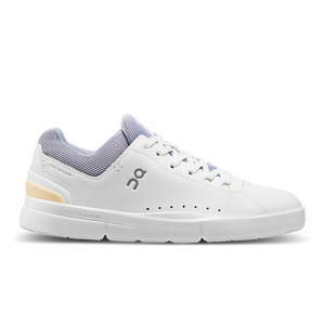 White athletic shoe with purple accents on a white background