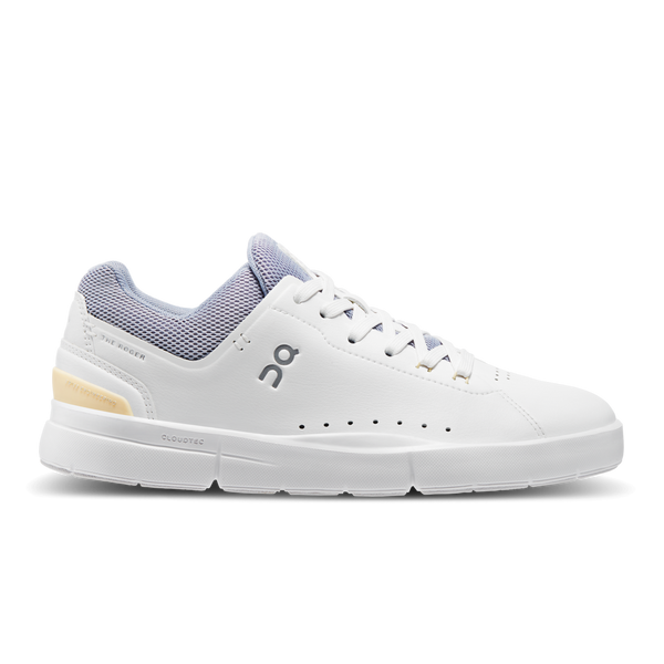 White athletic shoe with purple accents on a white background