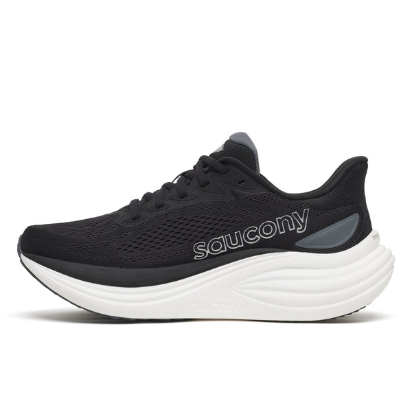 Black running shoe with white sole on a white background