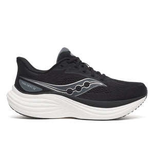 Gray running shoe with white sole on a light gray background