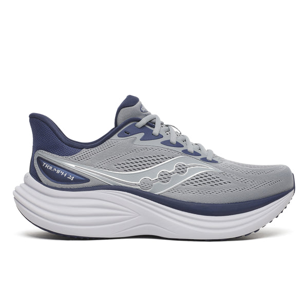 Gray men's running shoe with white midsole on a white background.