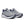 Pair of gray running shoes with blue accents on a white background