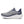The medial side of a gray and blue running shoe with 'Saucony' branding on a white background