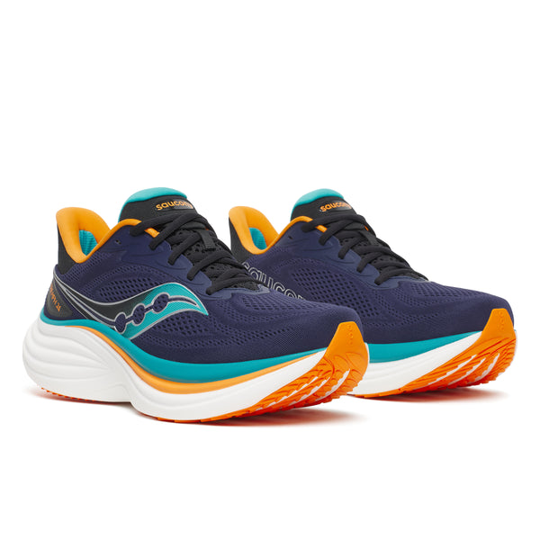 Pair of blue and orange running shoes on a white background